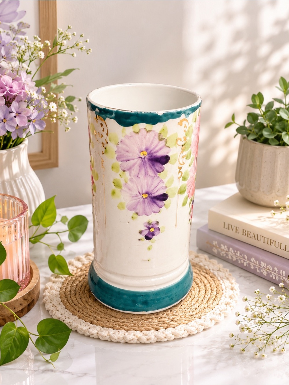 Hand-Painted Floral Ceramic Vase - Purple & Teal Accents